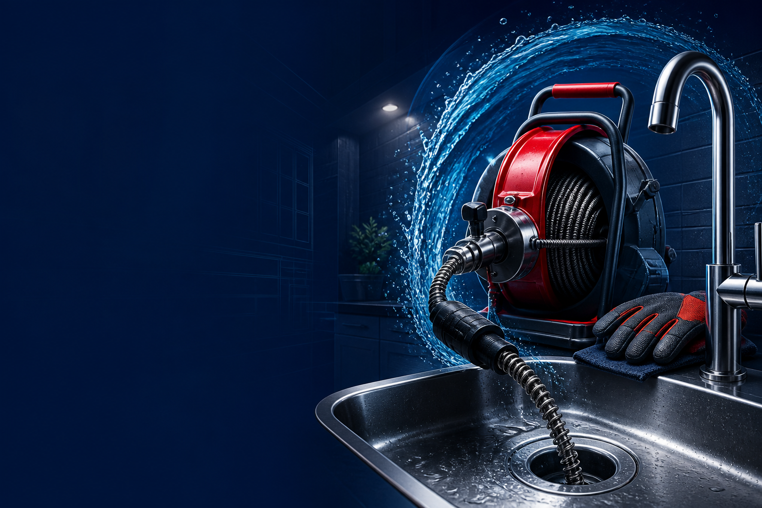 Conceptual drain-cleaning equipment beside a residential sink